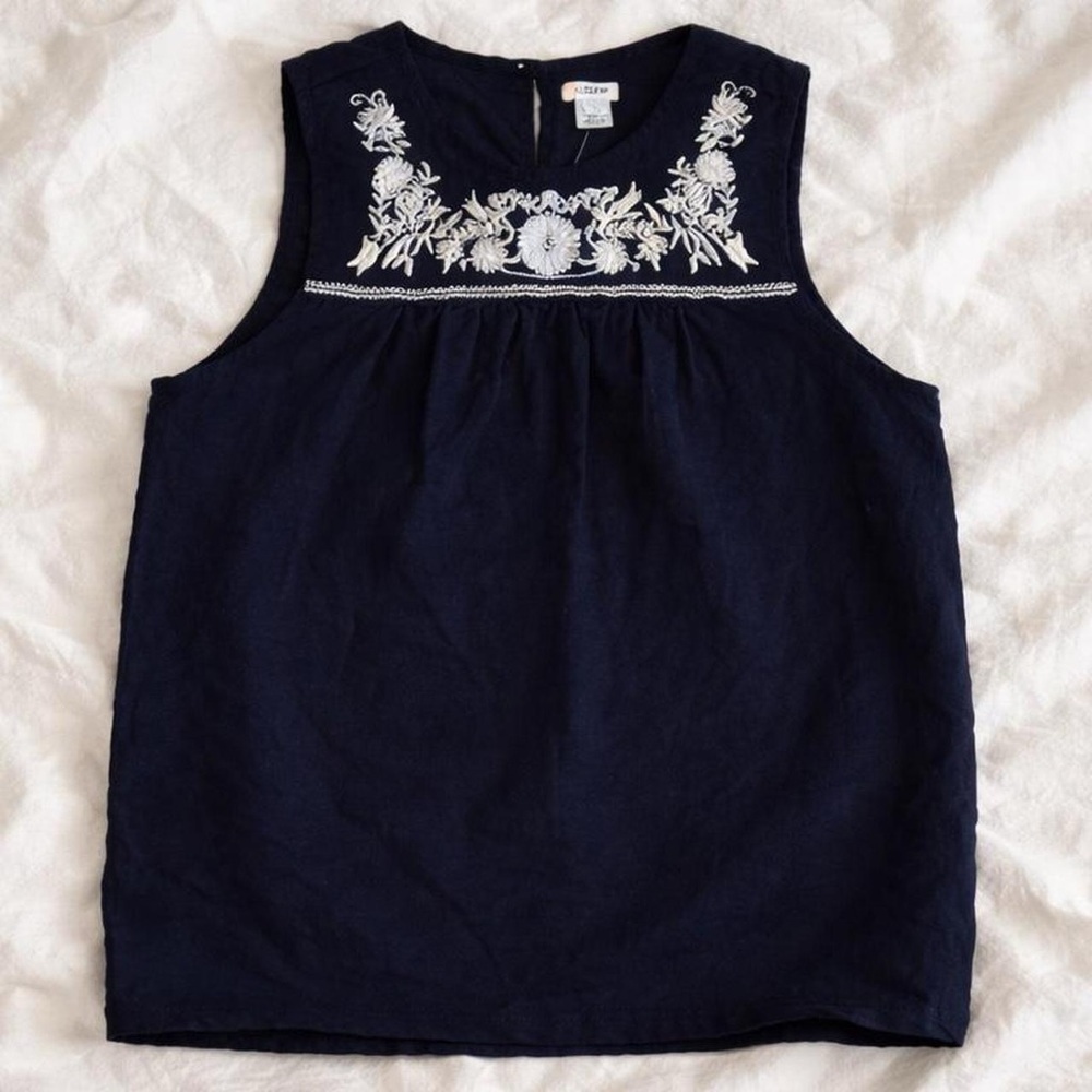 J.Crew Linen Embroidered Tank Navy Boho Coastal Top Size 6 NWOT - Picture 4 of 9